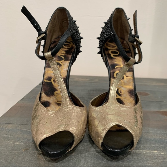Sam Edelman Heels Women's Size 5.5 Scarlet T-Strap Open Toe Gold Blk Spiked Heel - Picture 14 of 14